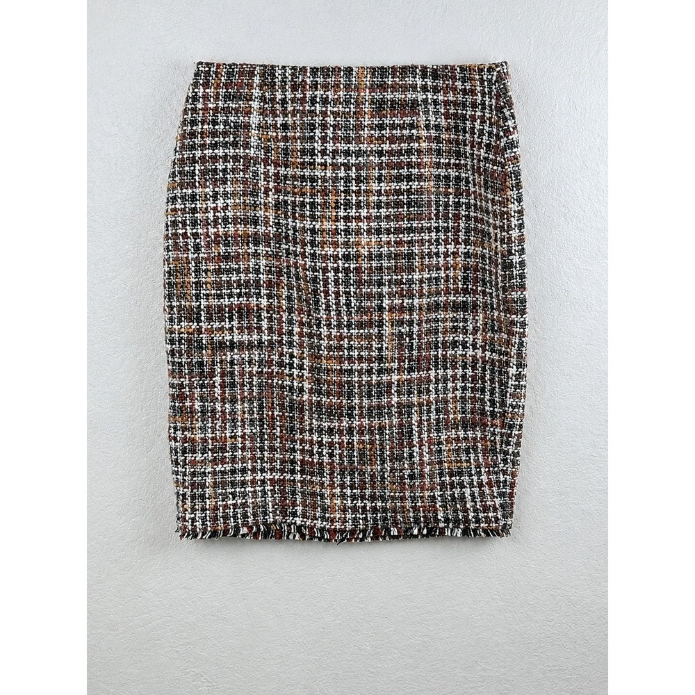Calvin Klein Women's Size 12 Tweed Pencil Skirt Brown Black Plaid Fringe Hem